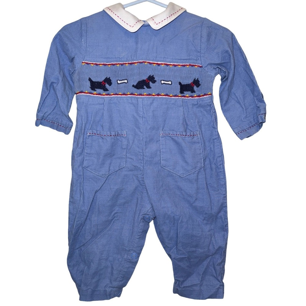 2L. Carriage Boutique 3mo Smocked Blue Corduroy Scottie Dog Longall EUC